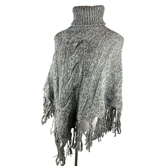 Inis Crafts 100% Merino Wool Poncho Sweater Cape Fringe Brown Irish Made S/M - Picture 10 of 16